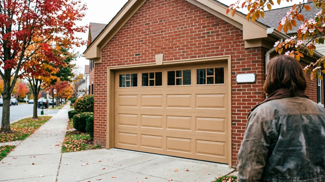 A person in a jacket stands facing a tan garage door on a brick house.