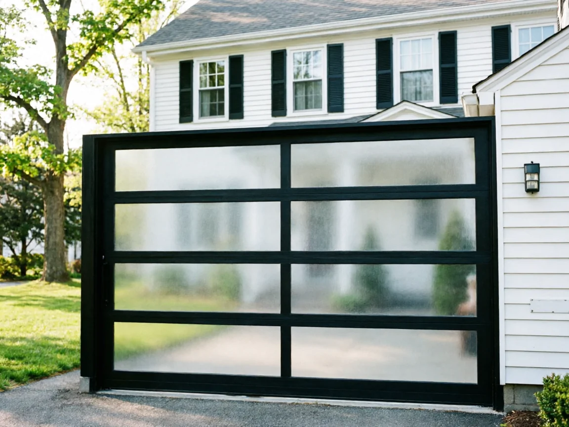 A modern black garage door with frosted glass panels is on a white house.
