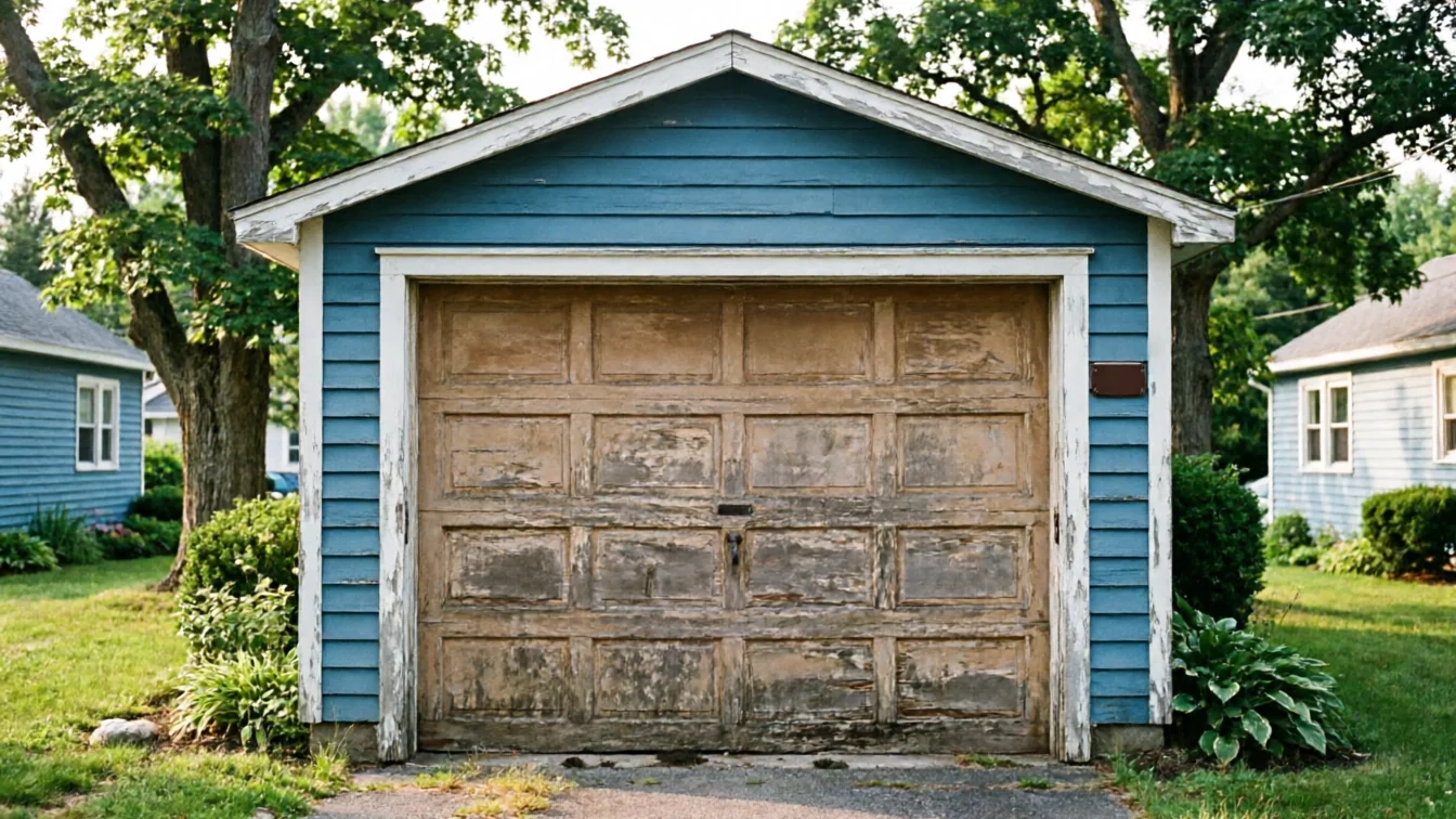 A blue garage with a weathered wooden garage door stands in a grassy yard.