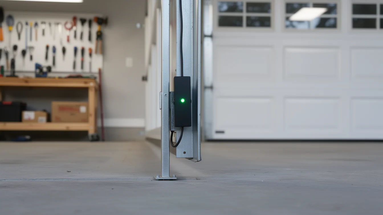 A safety sensor with a green light is mounted on a garage door track.