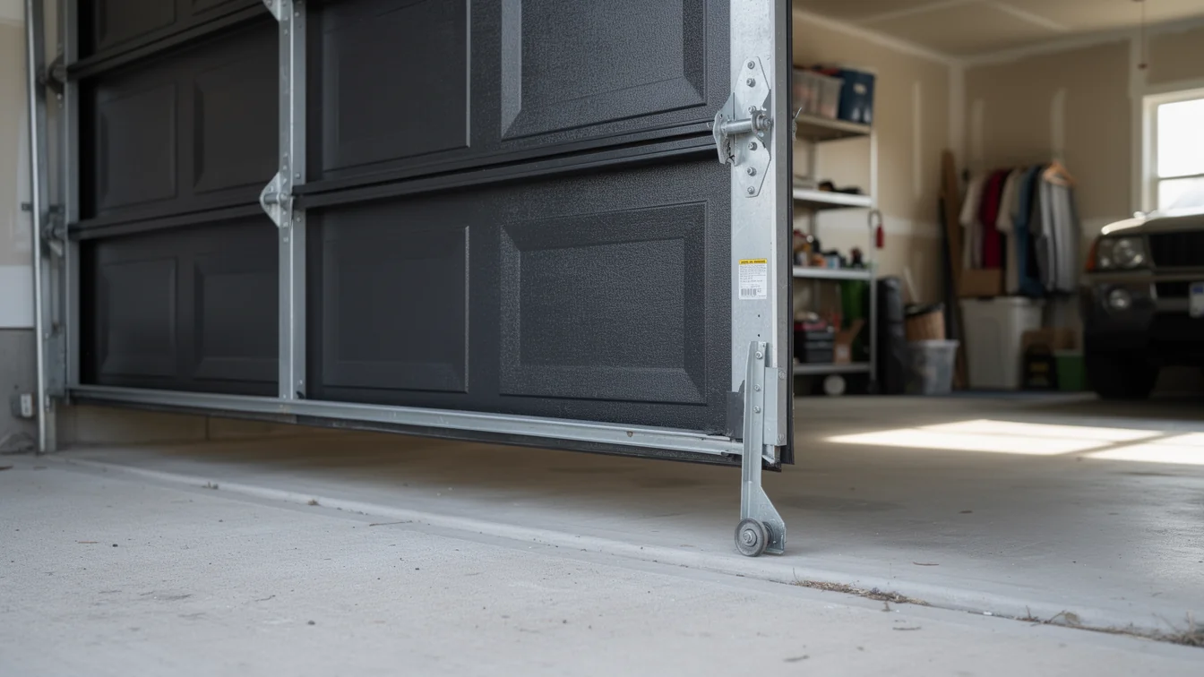 The dark gray garage door is partially open, showing the bottom panel and roller.